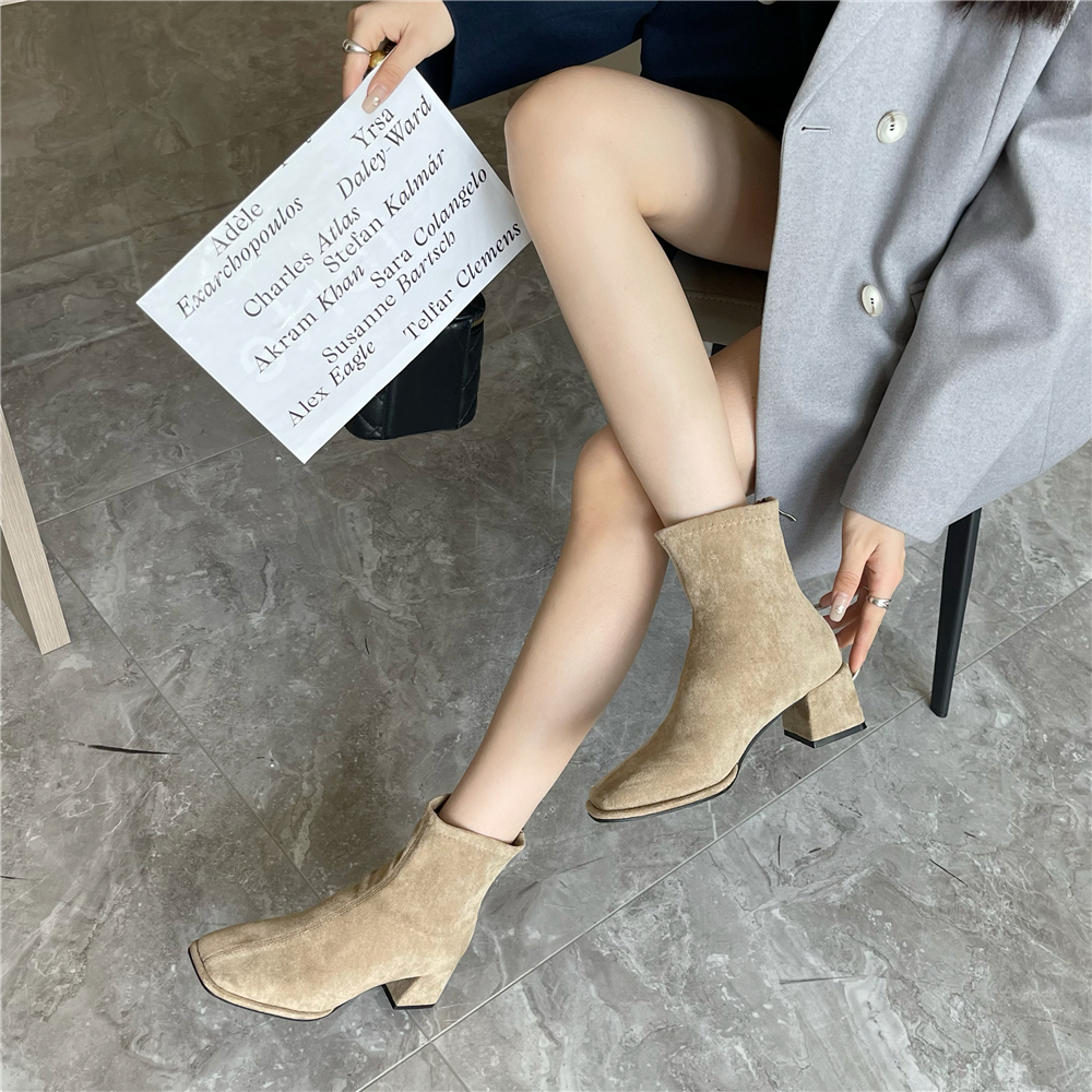 2023 Autumn Square Toe Suede Slim Ankle Boots Women's Fashion Chunky Heel Martin Boots Short Stacked Heel Stretch Sock Boots - Image 2