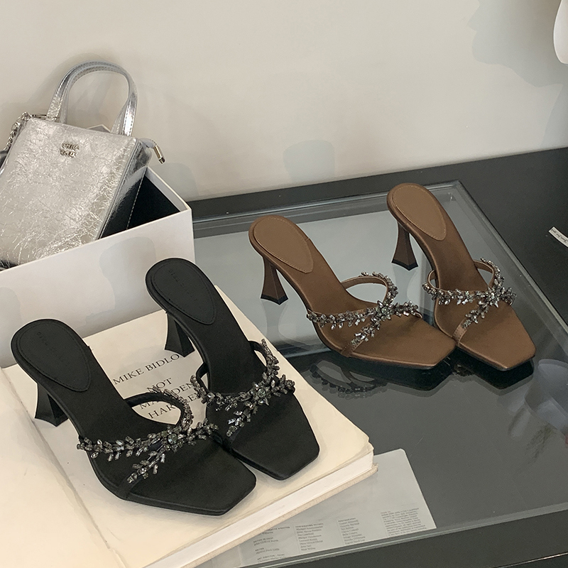 2025 Summer European and American Runway Style High Heel Sandals Luxury Rhinestone Satin Open Toe Fashion Square Toe Women's Shoes