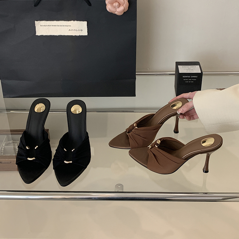2025 Summer Fashion Open Toe Silk High Heel Sandals for Women Elegant Pointed Toe Metal Buckle Dress Shoes