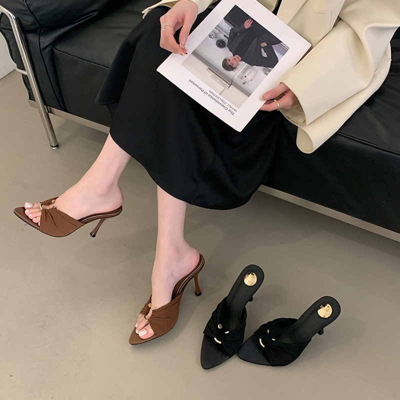 2025 Summer Fashion Open Toe Silk High Heel Sandals for Women Elegant Pointed Toe Metal Buckle Dress Shoes - Image 4