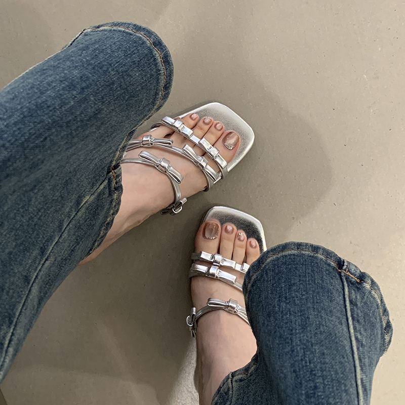 2025 Summer Fashion Open Toe Women's Shoes Sweet Bow Silk Sandals French Style Square Toe High Heels - Image 3