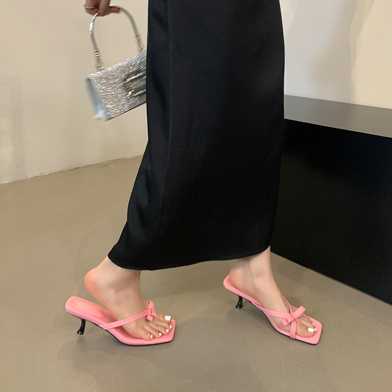 2025 Summer Korean Style Chic Bow Square Toe Open Toe Mid Heel Women's Sandals - Image 4