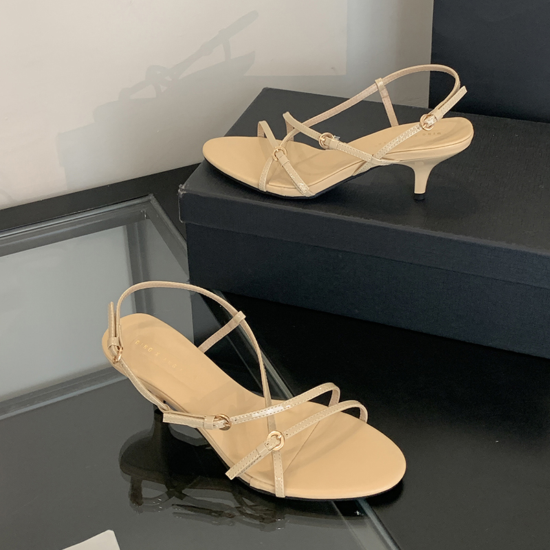 2025 Summer Women's Strappy Round Toe Open Toe Fashion Commuter Solid Color Mid Heel Sandals Elegant Versatile High Heels - Image 3