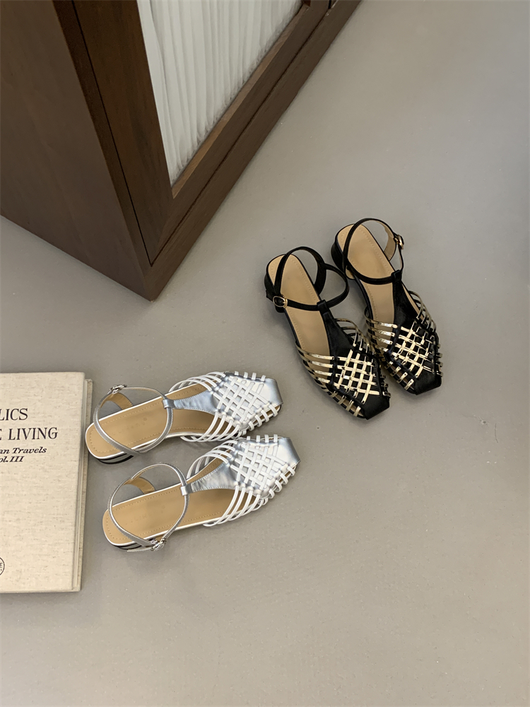 Baotou Color-Block Woven Open-Toe Ankle Strap Sandals Women Autumn Summer New Retro French Style Dress Roman Shoes