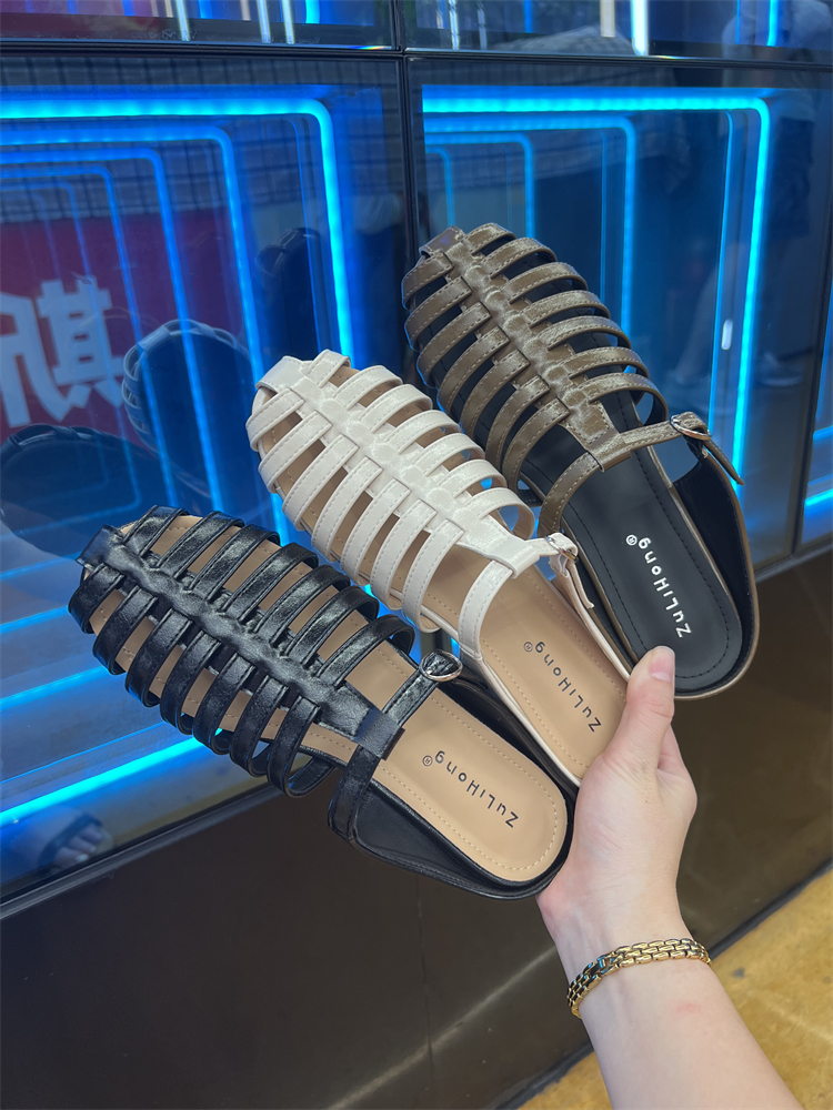 Baotou Half Slippers Women's Open Toe Retro Woven Chunky Heel Sandals 2026 Autumn New Style