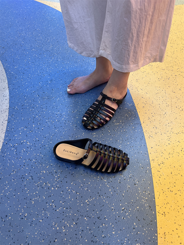 Baotou Half Slippers Women's Open Toe Retro Woven Chunky Heel Sandals 2026 Autumn New Style - Image 2