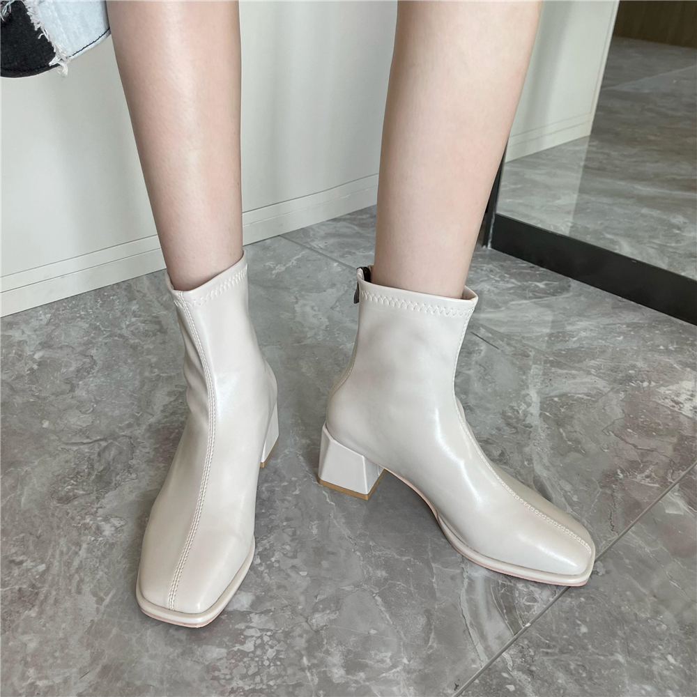 French Style Short Boots Women 2022 Autumn Winter New Square Toe Chunky Heel Slim Ankle Boots Retro Chelsea Boots - Image 2