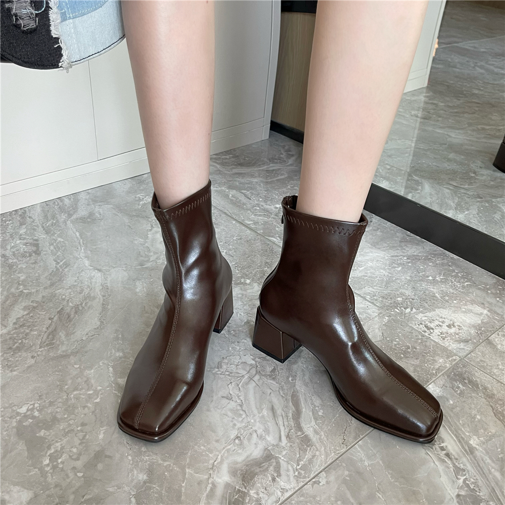 French Style Short Boots Women 2022 Autumn Winter New Square Toe Chunky Heel Slim Ankle Boots Retro Chelsea Boots - Image 3