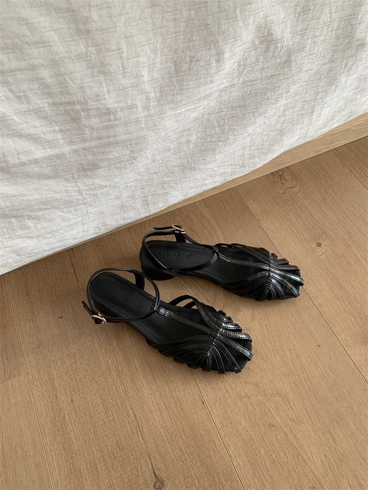 French Style Summer New Hollow Out One-Strap Roman Shoes for Women - Chunky Heel Closed Toe Sandals - Image 2