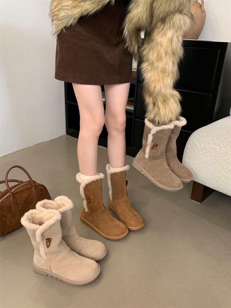 Genuine Leather Brown Snow Boots with Horn Buckle Short Boots Retro Furry Thick Sole Women's Boots Warm Cotton Boots