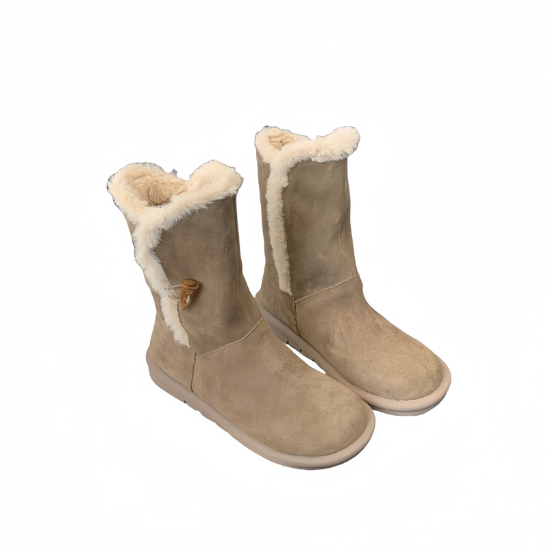 Genuine Leather Brown Snow Boots with Horn Buckle Short Boots Retro Furry Thick Sole Women's Boots Warm Cotton Boots - Image 5
