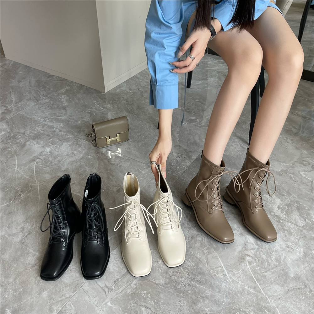 Korean Boss Lady Style Lace-Up Martin Boots Women's Fall Spring Square Toe Slim Fit Soft Leather Chunky Heel Short Boots