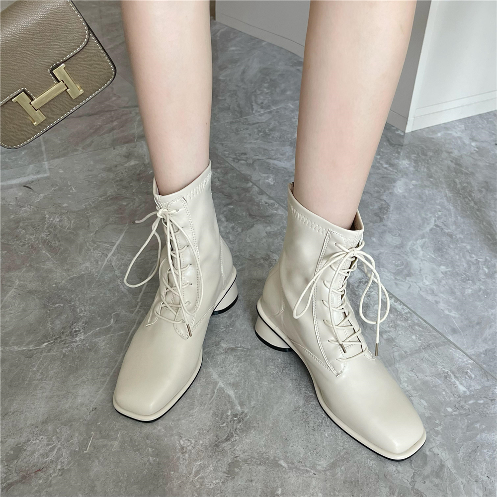 Korean Boss Lady Style Lace-Up Martin Boots Women's Fall Spring Square Toe Slim Fit Soft Leather Chunky Heel Short Boots - Image 2