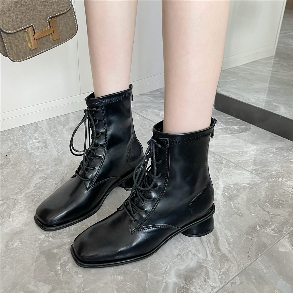 Korean Boss Lady Style Lace-Up Martin Boots Women's Fall Spring Square Toe Slim Fit Soft Leather Chunky Heel Short Boots - Image 4