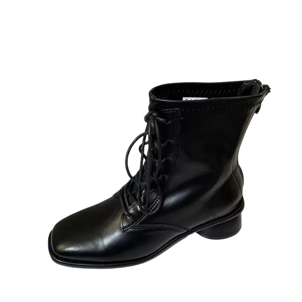 Korean Boss Lady Style Lace-Up Martin Boots Women's Fall Spring Square Toe Slim Fit Soft Leather Chunky Heel Short Boots - Image 5