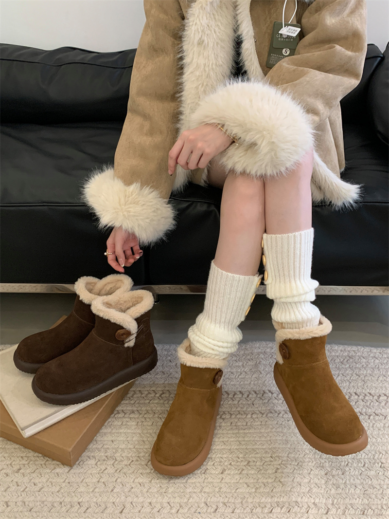 Retro Button Snow Boots Furry Warm Cotton Shoes Round Toe Thick Sole Comfortable Casual Lined Short Boots for Women