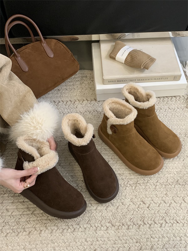 Retro Button Snow Boots Furry Warm Cotton Shoes Round Toe Thick Sole Comfortable Casual Lined Short Boots for Women - Image 4