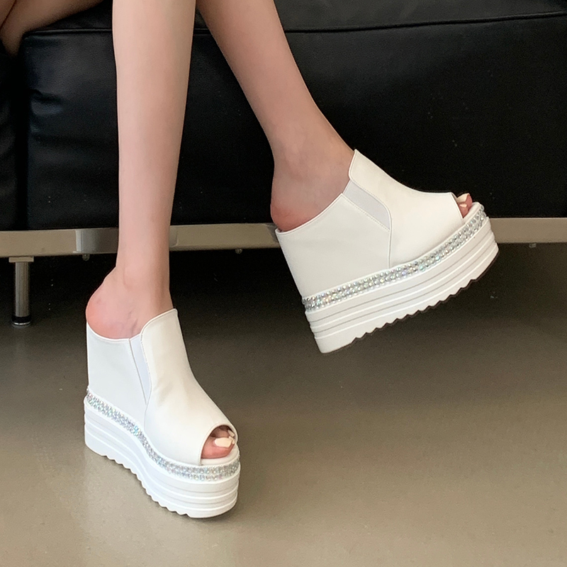 Women's 12cm Platform Wedge Open Toe Slippers with Rhinestones Summer Slide Sandals 34-39