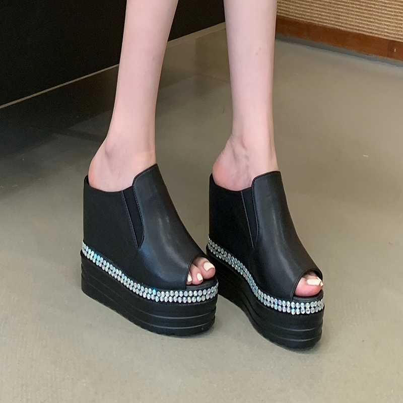Women's 12cm Platform Wedge Open Toe Slippers with Rhinestones Summer Slide Sandals 34-39 - Image 2
