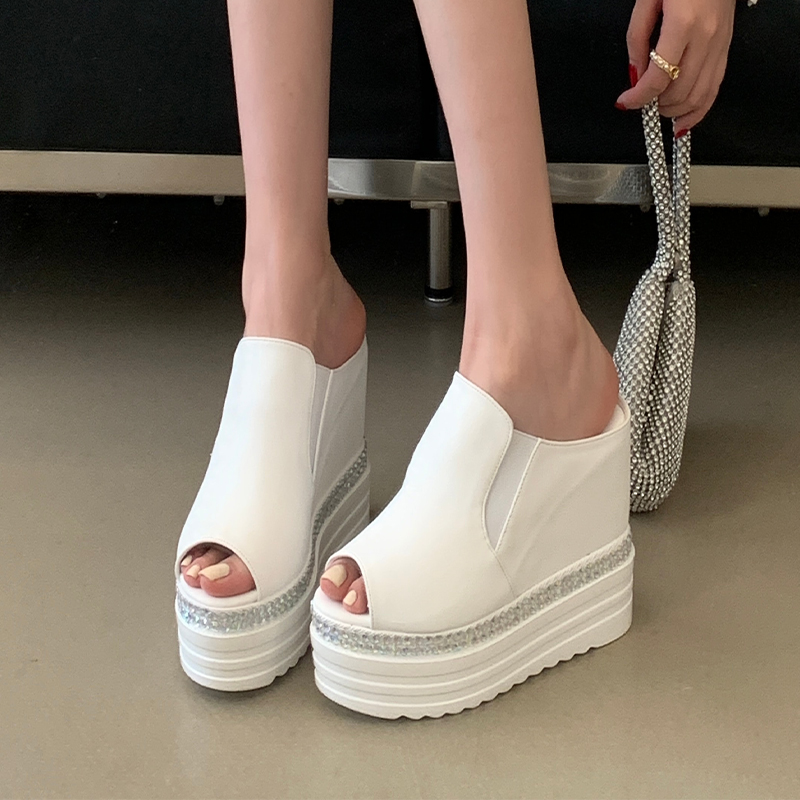 Women's 12cm Platform Wedge Open Toe Slippers with Rhinestones Summer Slide Sandals 34-39 - Image 3