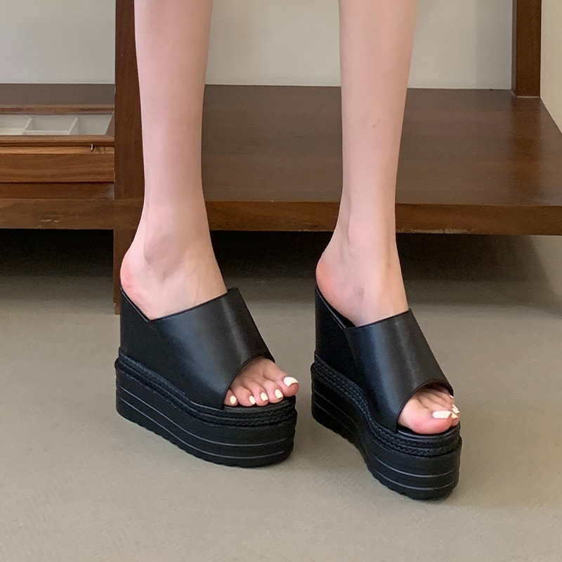Women's 12cm Wedge Heel Open Toe Slippers Black PU Leather Slide Sandals Summer Plus Size 34-39
