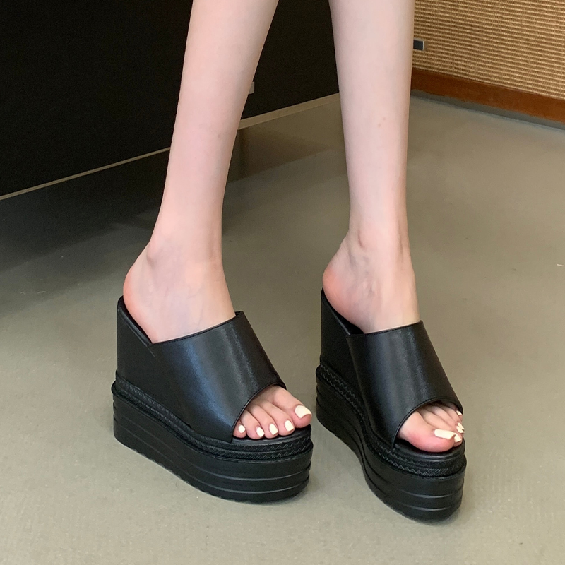 Women's 12cm Wedge Heel Open Toe Slippers Black PU Leather Slide Sandals Summer Plus Size 34-39 - Image 2