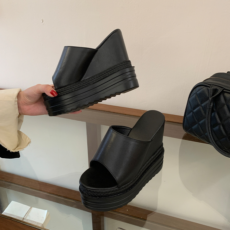 Women's 12cm Wedge Heel Open Toe Slippers Black PU Leather Slide Sandals Summer Plus Size 34-39 - Image 4