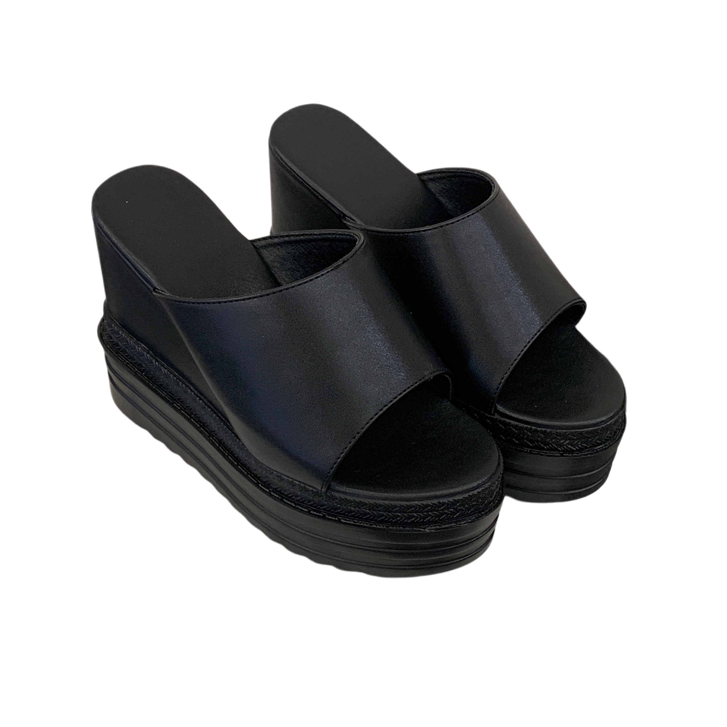 Women's 12cm Wedge Heel Open Toe Slippers Black PU Leather Slide Sandals Summer Plus Size 34-39 - Image 5