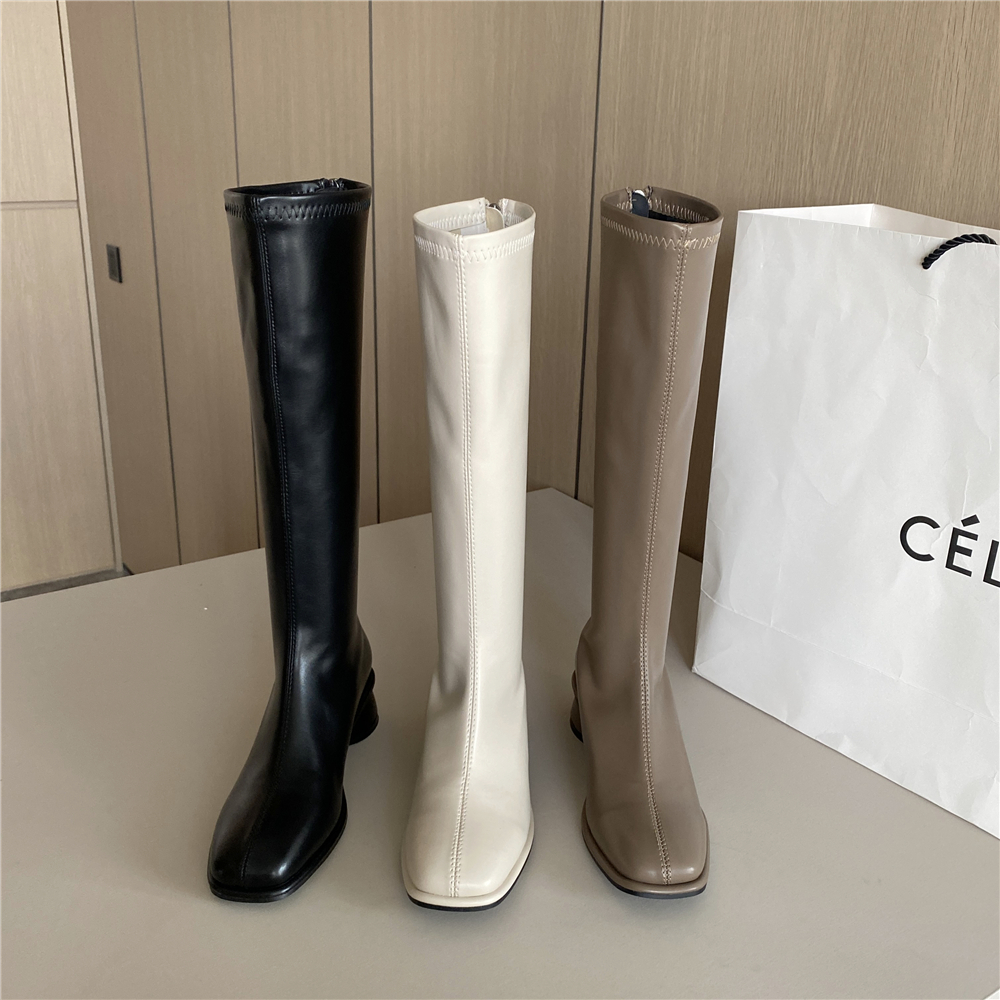 Women's Chunky Heel Tall Boots 2022 Autumn Winter New Thin Black Soft Leather High Tube Slim White Long Boots