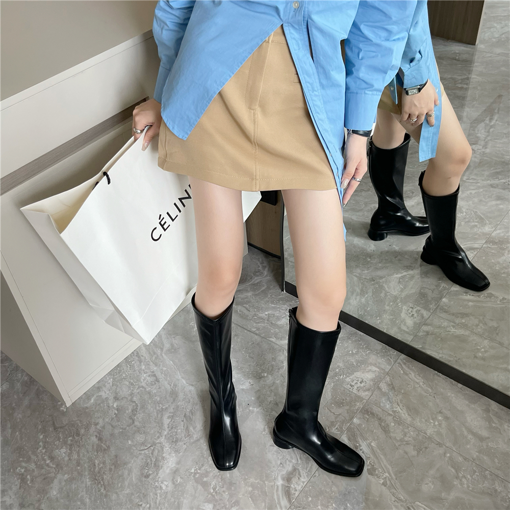 Women's Chunky Heel Tall Boots 2022 Autumn Winter New Thin Black Soft Leather High Tube Slim White Long Boots - Image 2