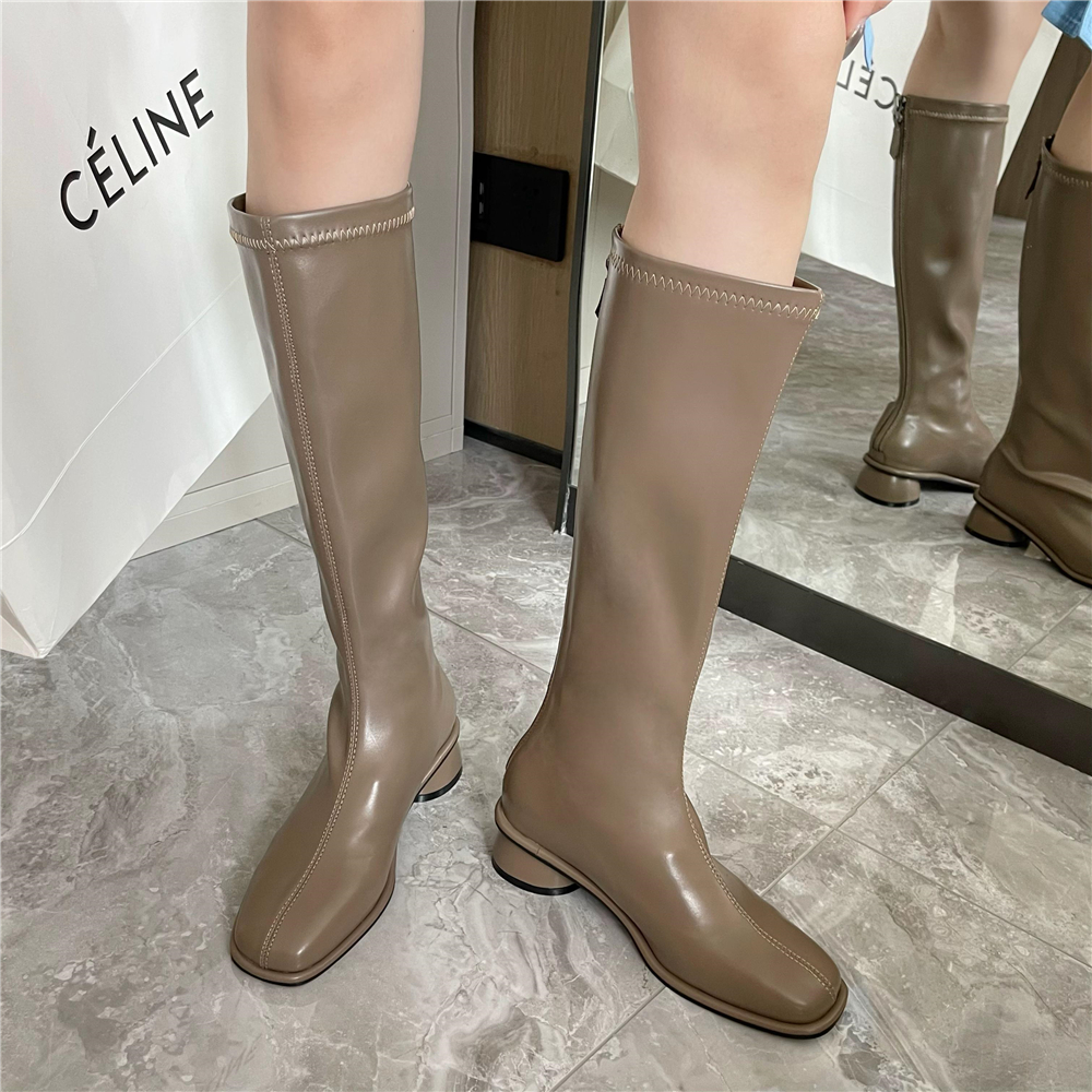 Women's Chunky Heel Tall Boots 2022 Autumn Winter New Thin Black Soft Leather High Tube Slim White Long Boots - Image 3